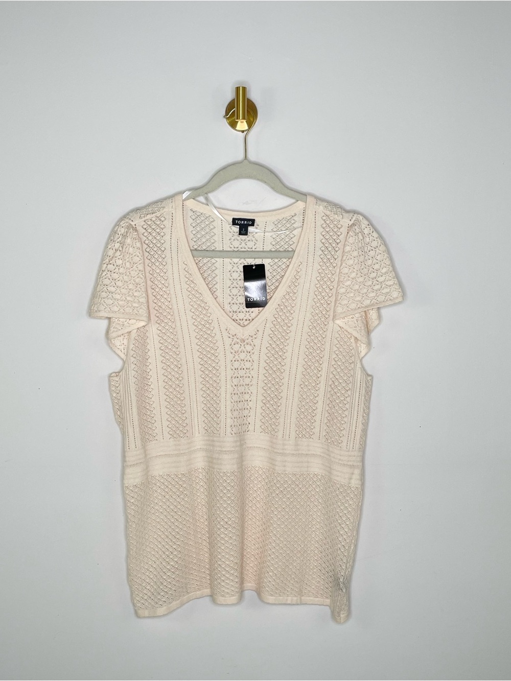Feminine | NWT Torrid Crochet Cream Knit V-Neck Flutter Short Sleeve Sweater Top - Picture 2 of 11